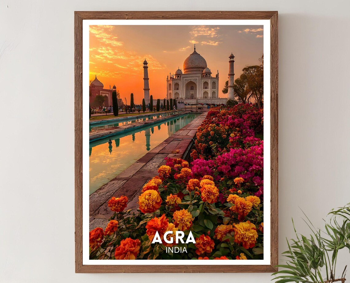 Agra India Taj Mahal Sunset Reflecting Pool Floral Travel Poster