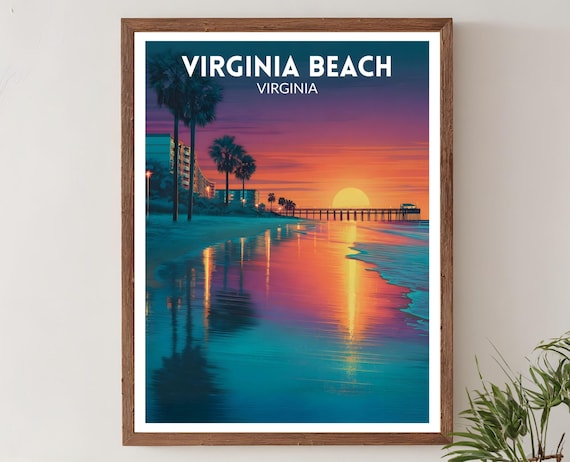 Virginia Beach Virginia Neon Sunset Pier Vibrant Travel Art Poster