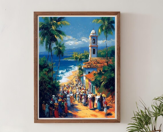 Caribbean Beach Drumming Dance Procession Coastal Town Art Poster