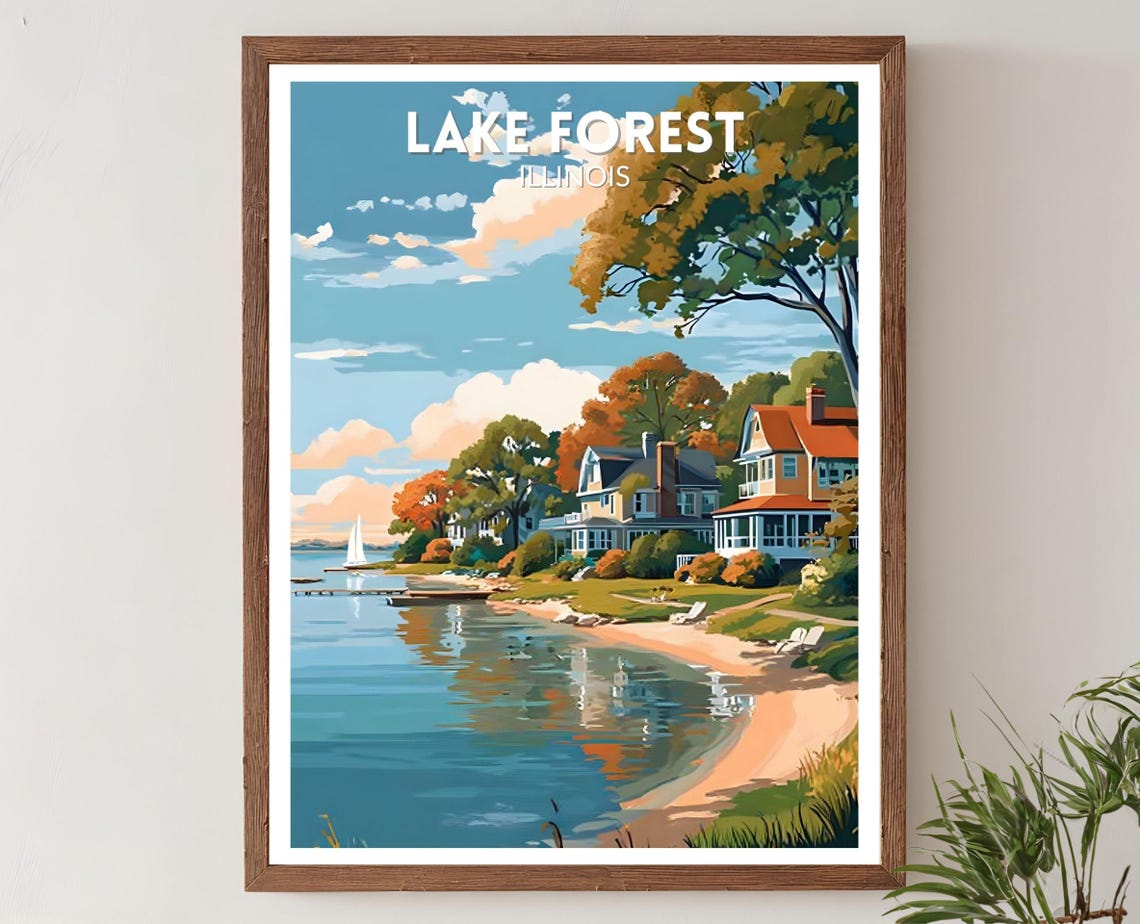 Lake Forest Illinois Lakeside Homes Summer Retro Travel Poster