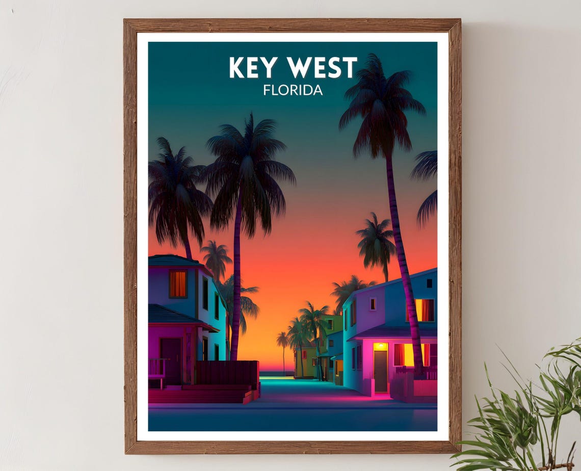 Key West Florida Palm Tree Sunset Street Retro Travel Poster