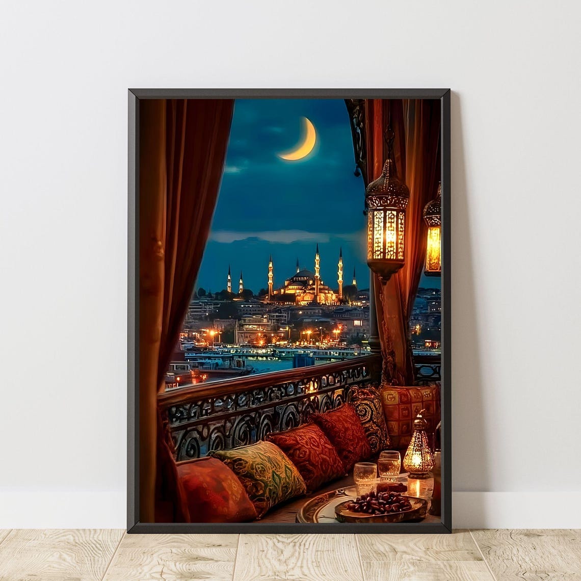 Istanbul Ramadan Balcony Night Mosque Lantern Cityscape Poster