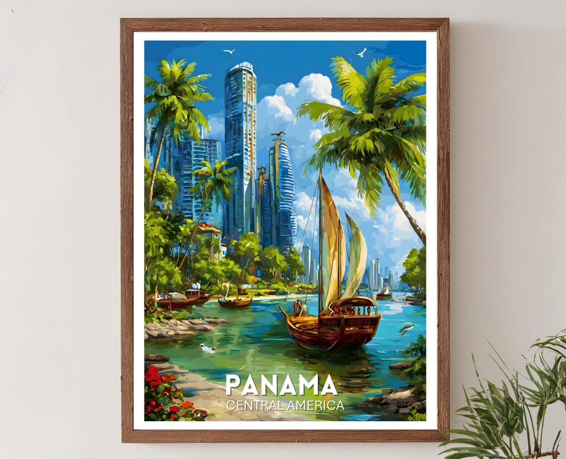 Panama Central America Sailboat Skyline Palm Waterfront Travel Poster