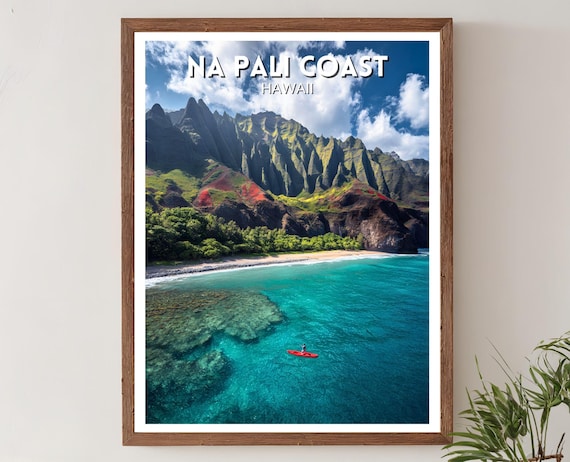 Na Pali Coast Hawaii Aerial Kayak Coral Reef Scenic Travel Poster