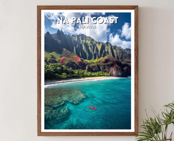 Na Pali Coast Hawaii Vintage Travel Print Retro Wall Art Poster Minimalist Landscape Illustration Wilderness Coastal Decor