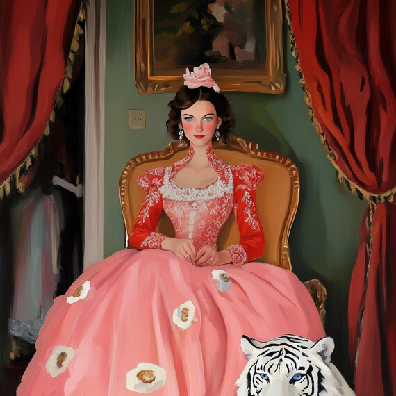 Aristocratic Lady in Pink Gown Posing with a White Tiger Poster