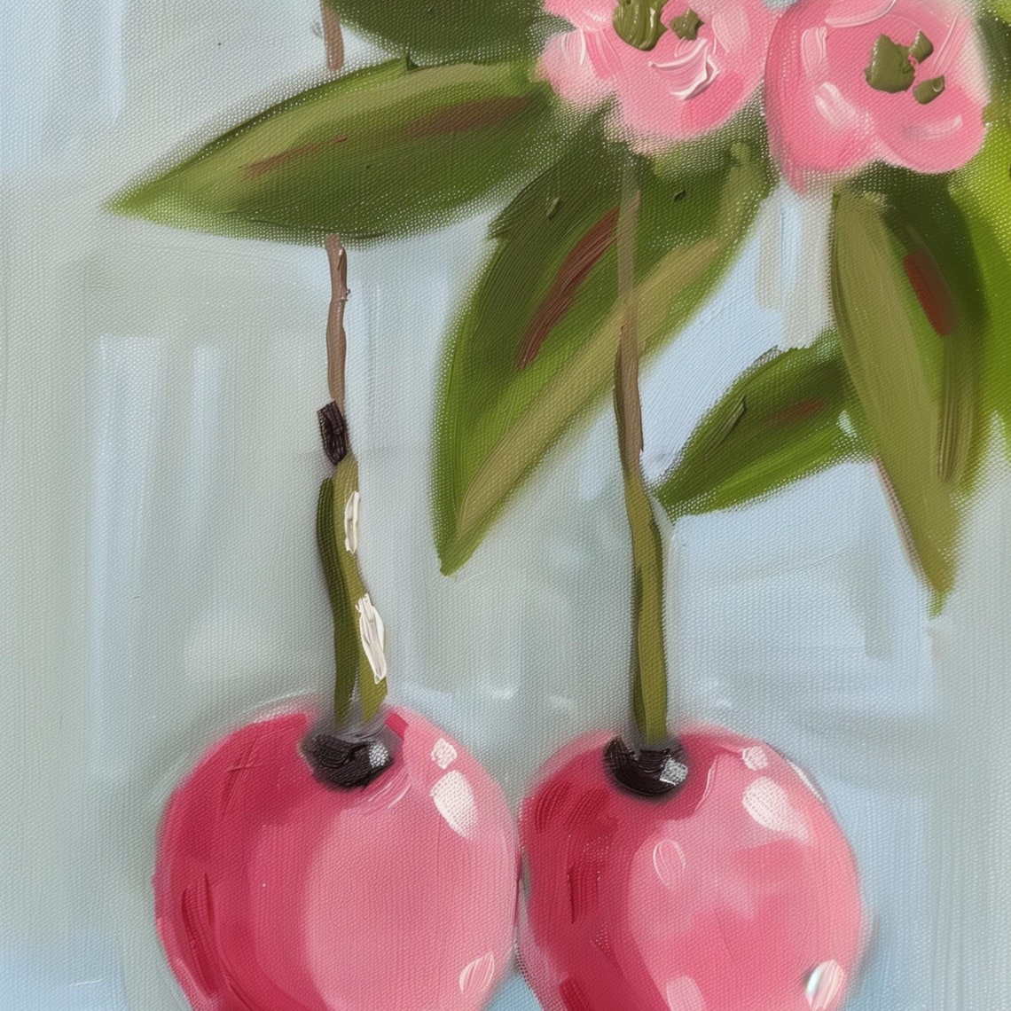 Pink Cherries With Blossoms in Painterly Kitchen Fruit Wall Art