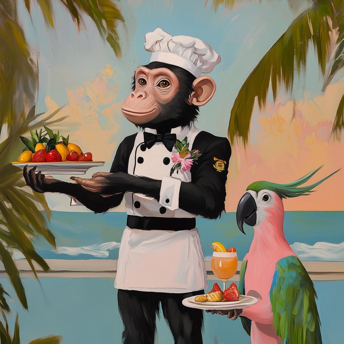 Monkey Chef and Parrot Waiter Serving Treats at the Beach Poster