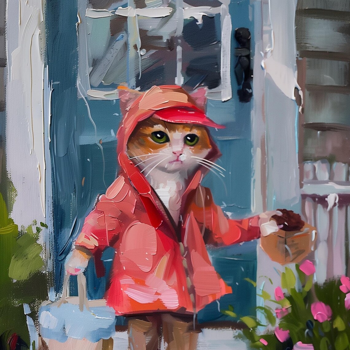 Cat in a Red Raincoat Carrying Grocery Bags at a Blue Door Poster