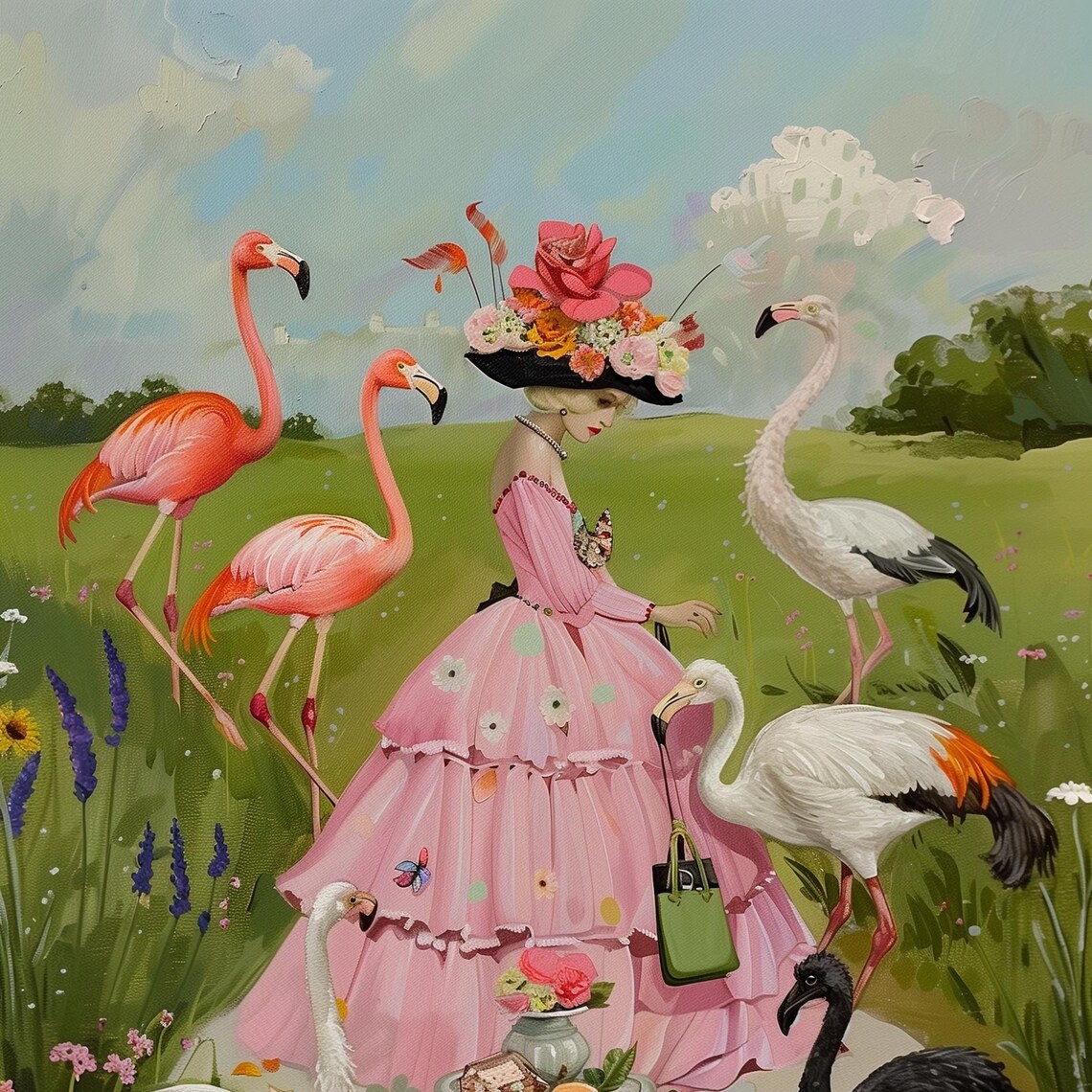 Elegant Lady in Pink Gown with Flamingos in Flower Field Poster