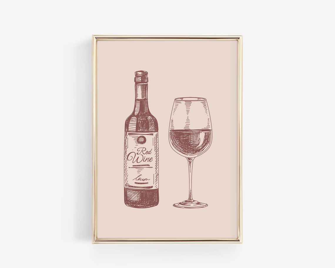 Red Wine Bottle And Glass Vintage Engraved Sketch Bar Art Poster - Image 3