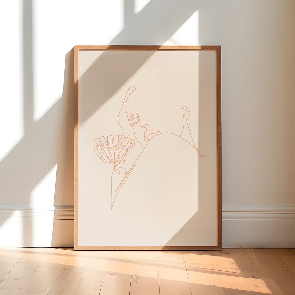 Fine Line Poppy Flower Drawing Minimalist Beige Floral Art Poster