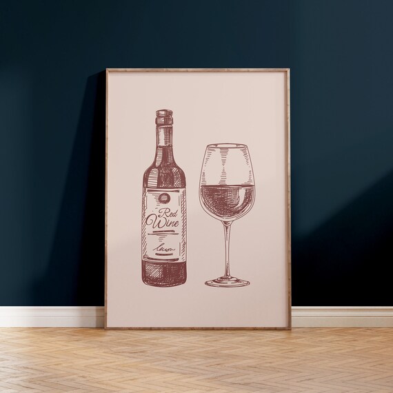 Red Wine Bottle And Glass Vintage Engraved Sketch Bar Art Poster