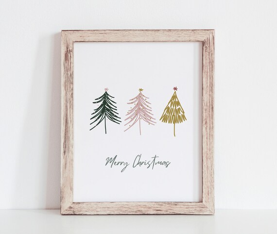 Merry Christmas Three Hand Drawn Trees Modern Holiday Poster