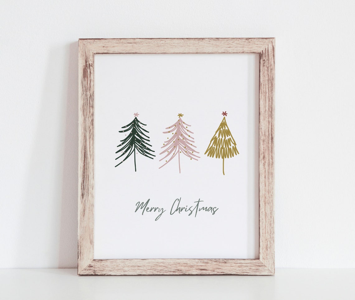 Merry Christmas Three Hand Drawn Trees Modern Holiday Poster