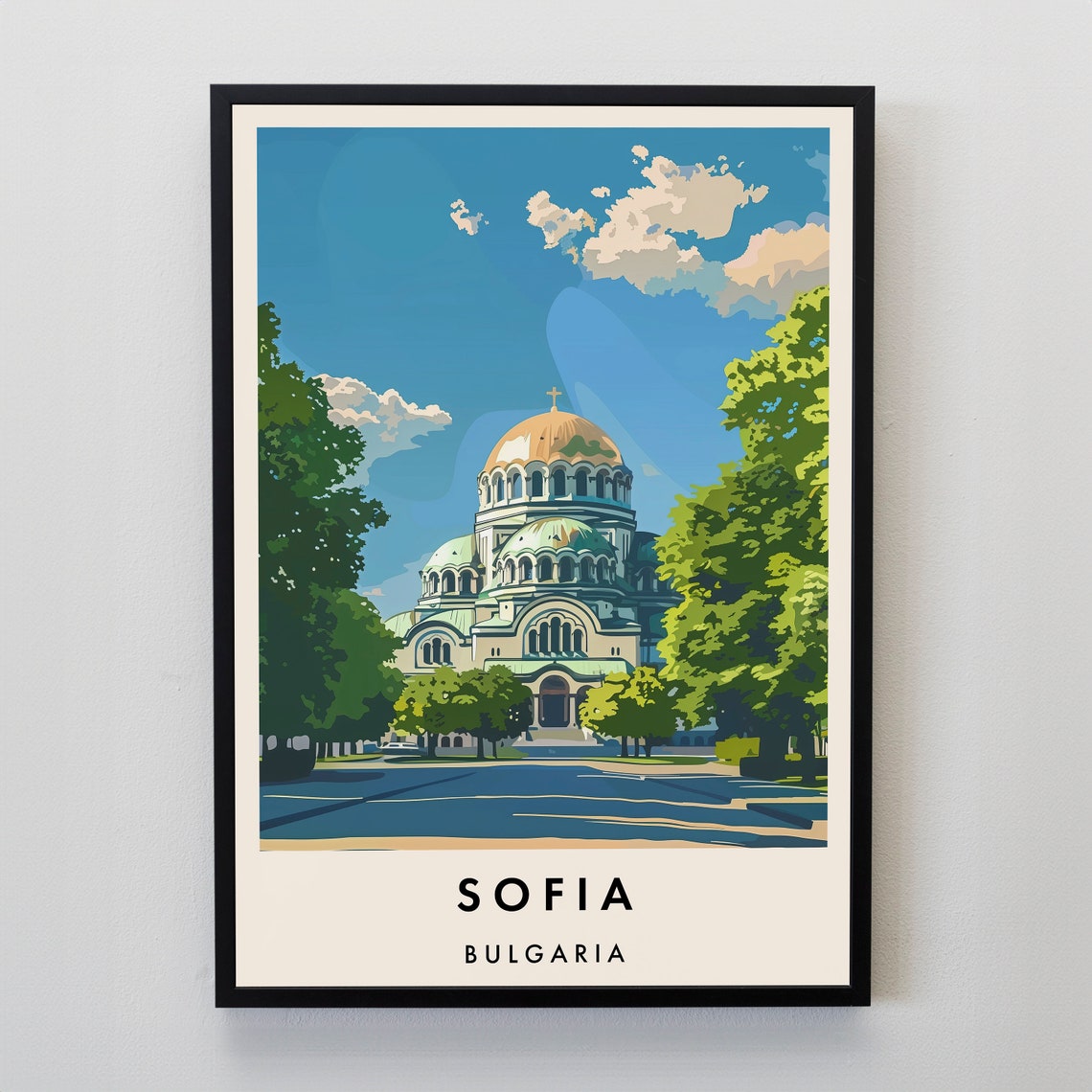 Sofia Bulgaria Golden Domed Cathedral Travel Poster in a Green Park
