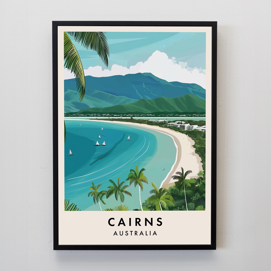 Cairns Australia Travel Poster with Tropical Beach and Bay Views