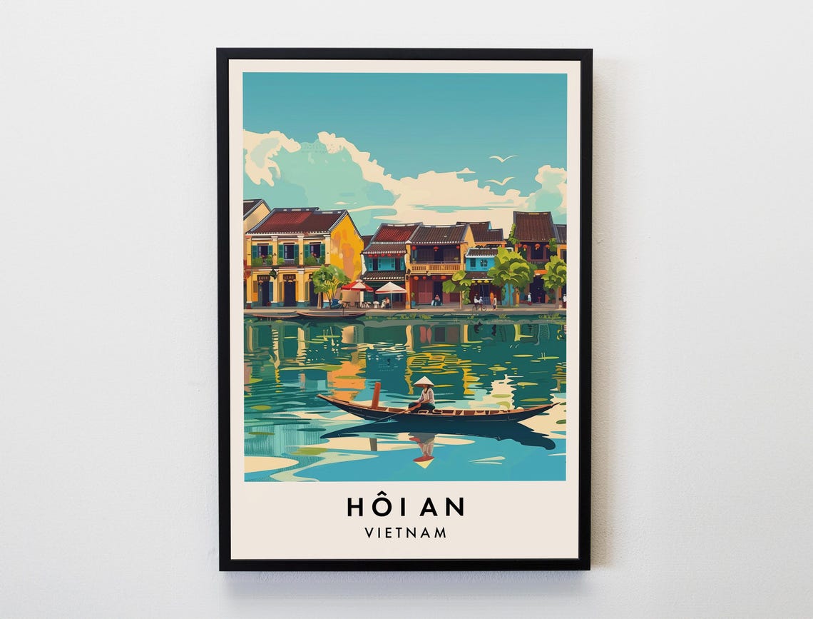 Hoi An Vietnam Riverside Old Town Boat Vintage Travel Poster