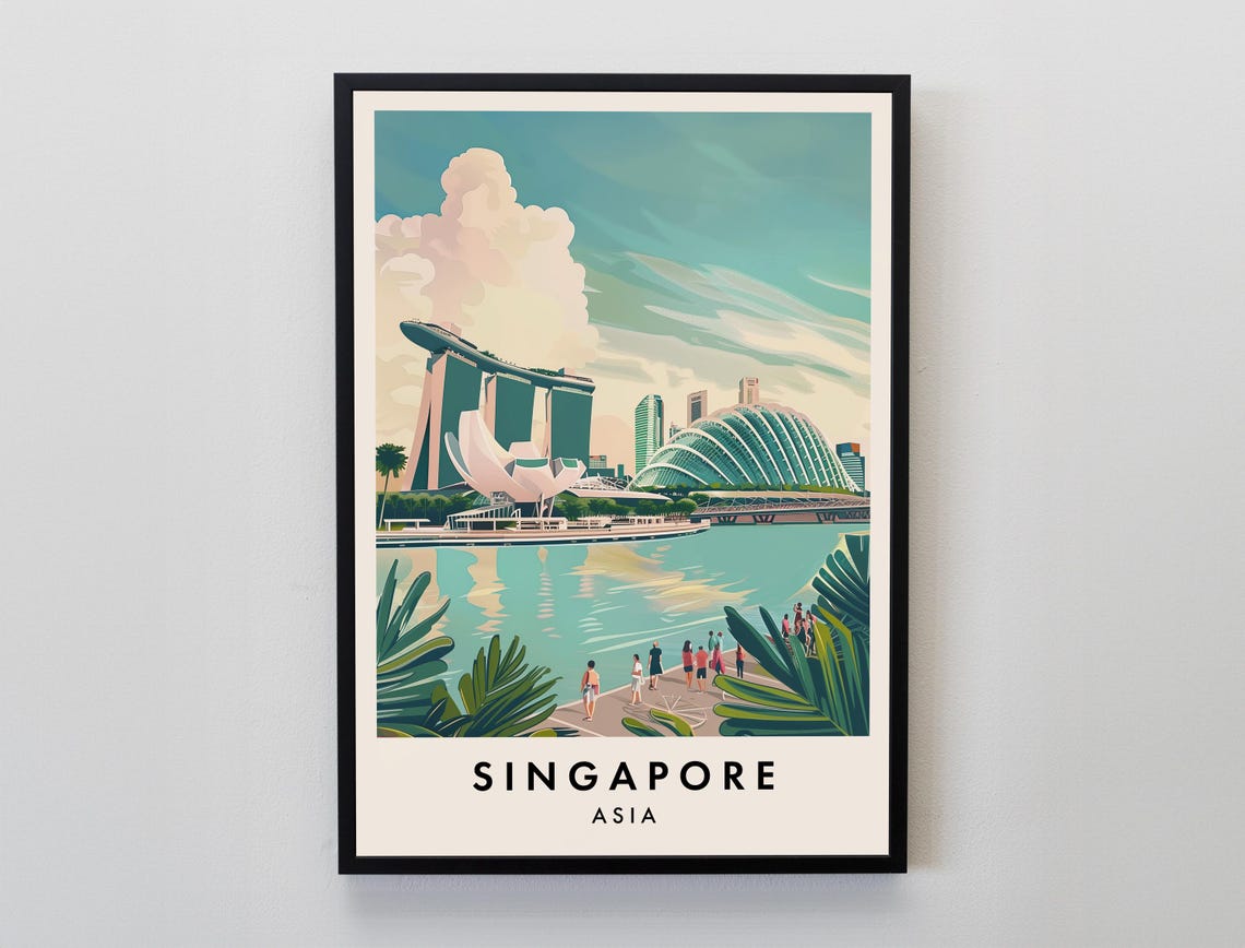 Singapore Marina Bay Sands Skyline Vintage Illustration Poster
