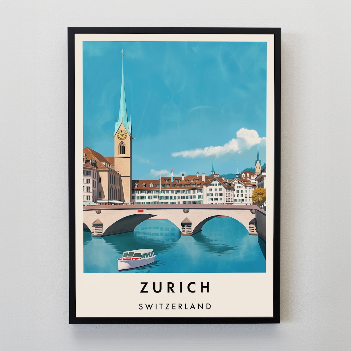 Zurich Switzerland Travel Poster With River Bridge Church Spire View