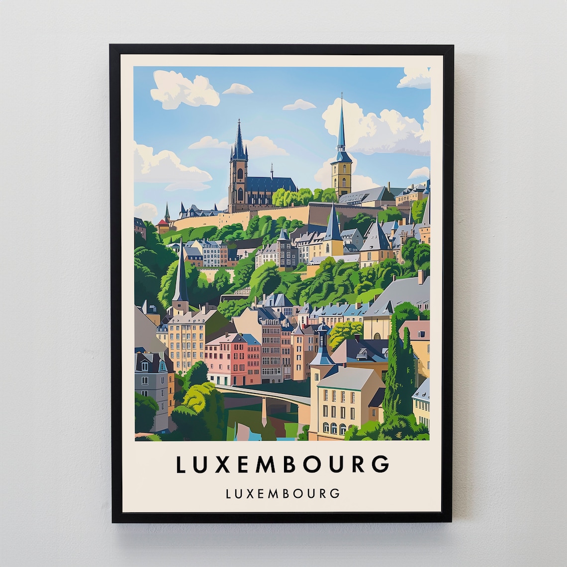 Luxembourg City Old Town Church Spires Vintage Travel Poster