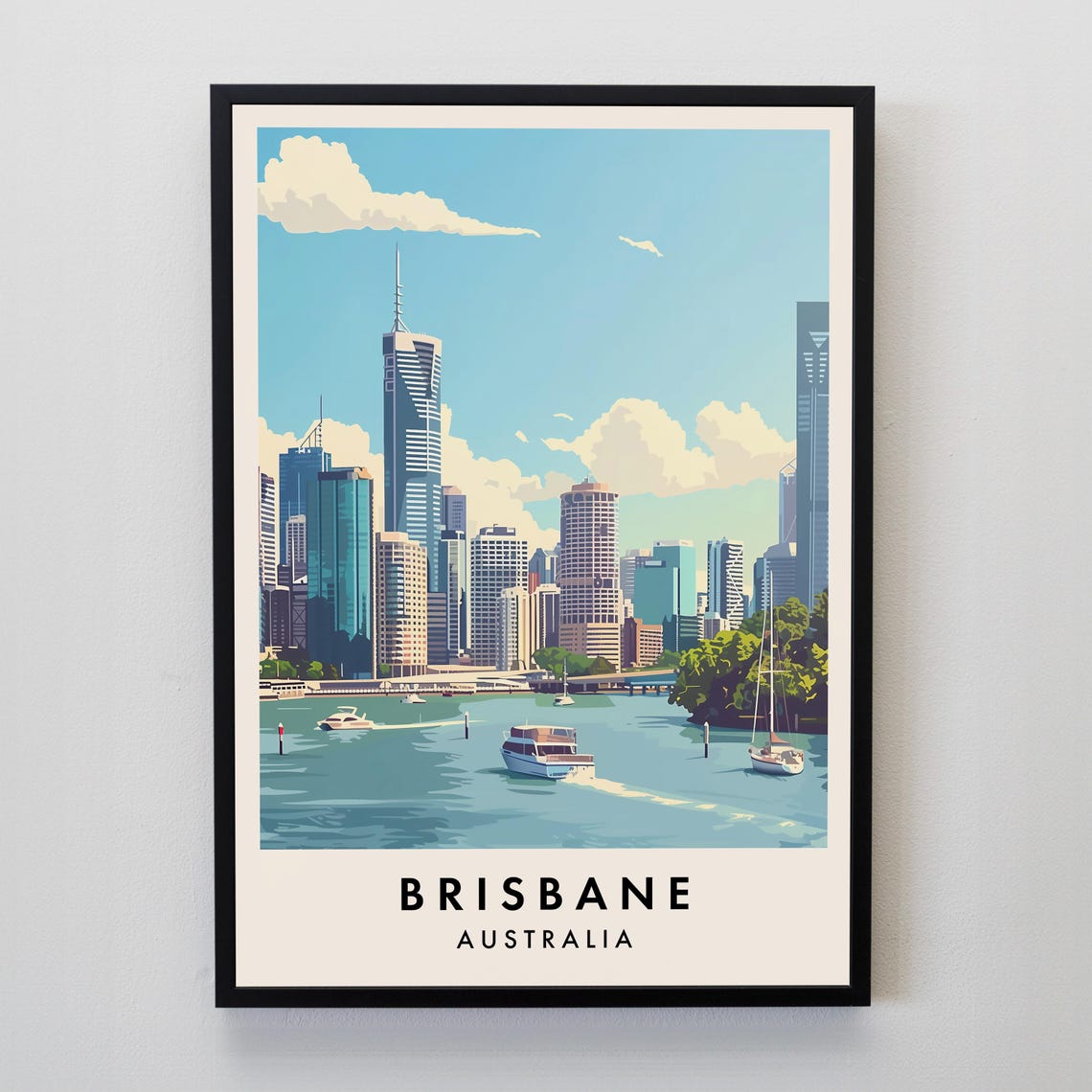 Brisbane River City Skyline Boats Waterfront Queensland Travel Poster