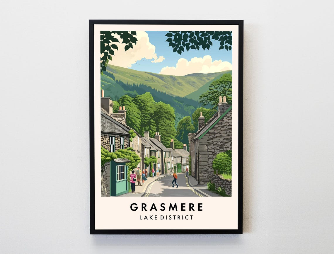Grasmere Lake District Stone Village Street Fells View Travel Poster