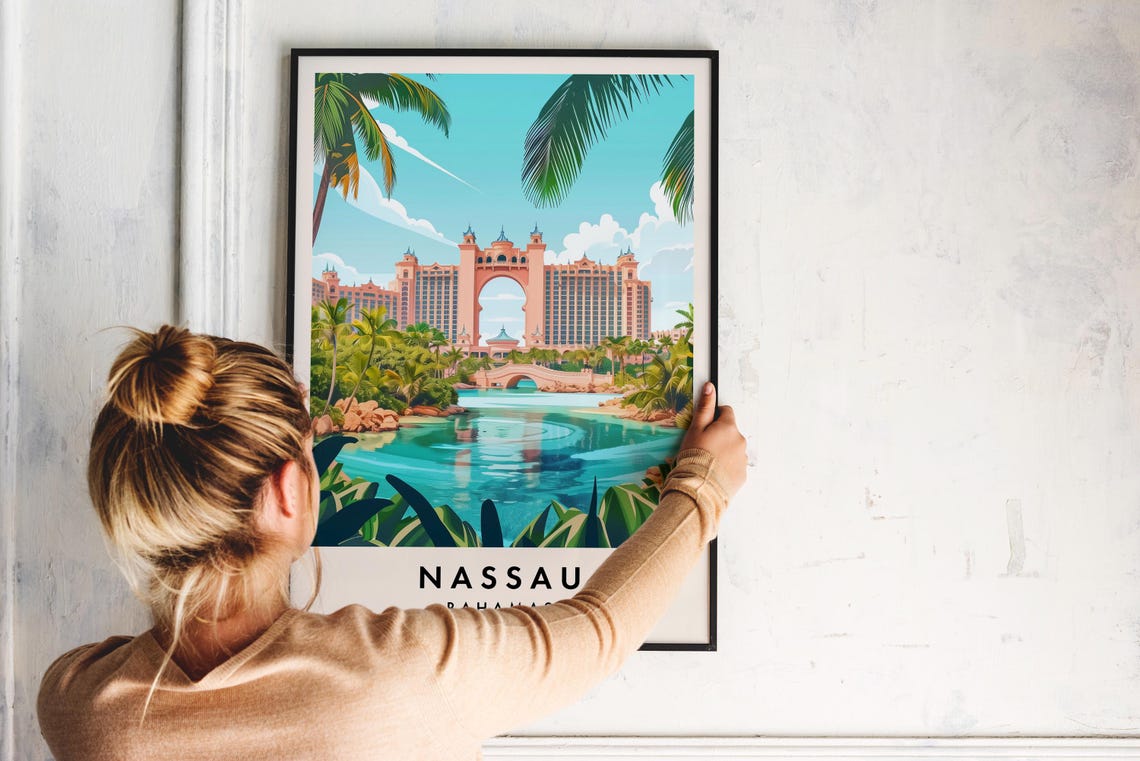 Nassau Bahamas Pink Resort Lagoon Bridge Tropical Travel Poster - Image 2