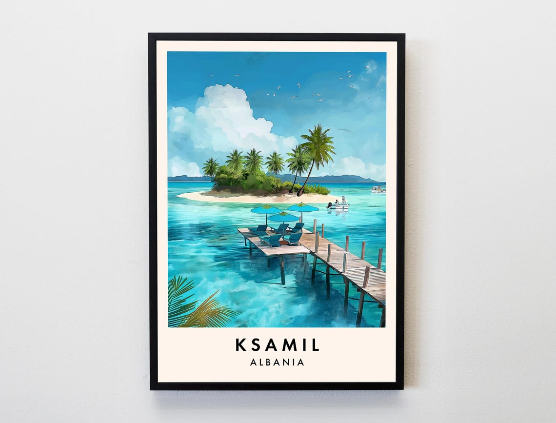 Ksamil Albania Tropical Island Dock Beach Ionian Travel Poster