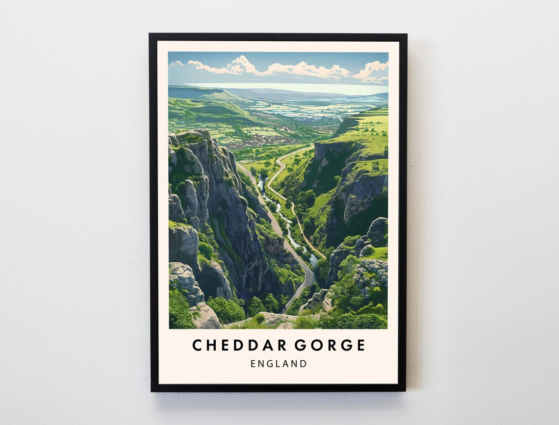 Cheddar Gorge England Travel Poster Green Limestone Valley View
