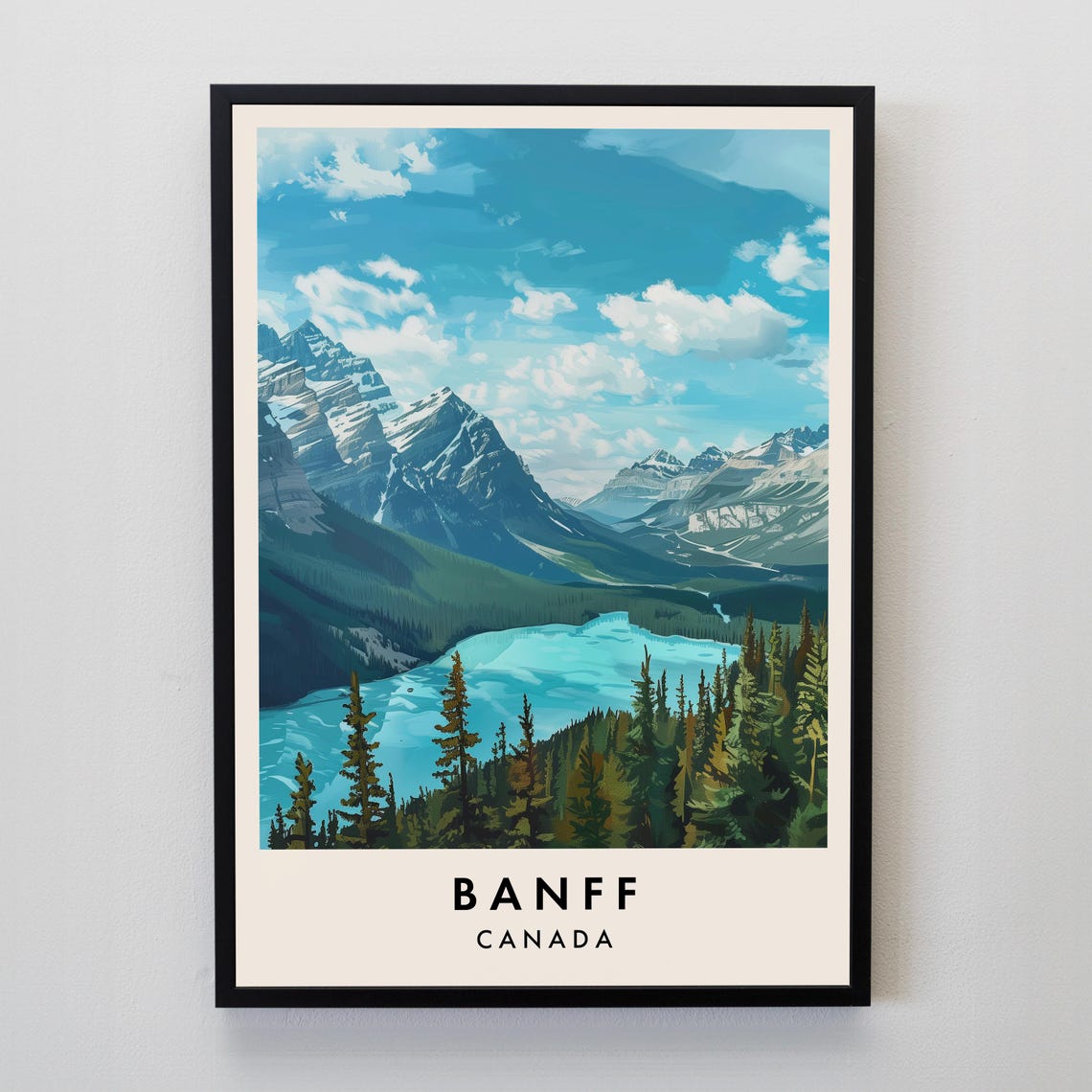 Banff Turquoise Glacier Lake Snow Peaks Evergreen Forest Travel Poster