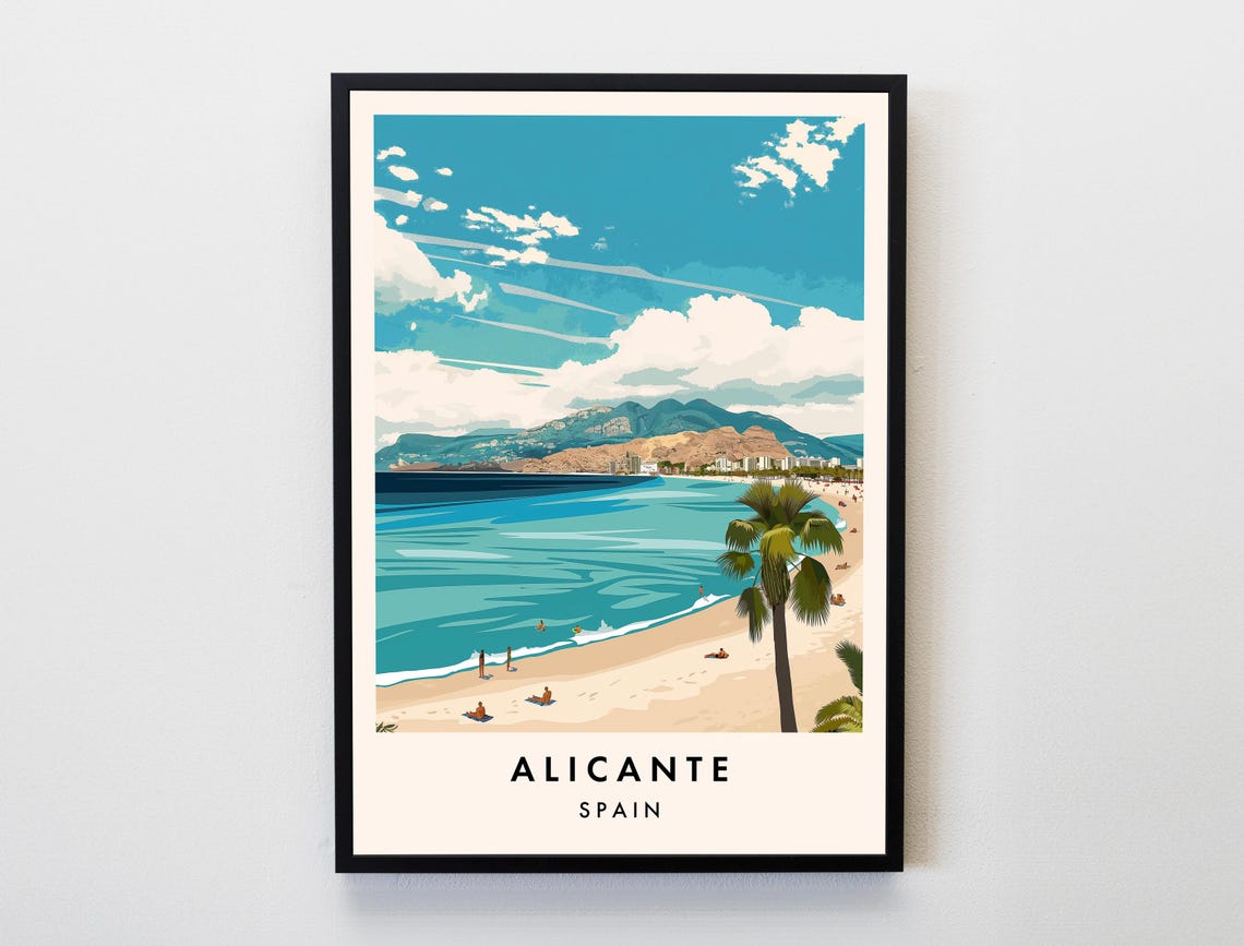 Alicante Spain Beach Travel Poster Palm Trees Mountain Bay Coast