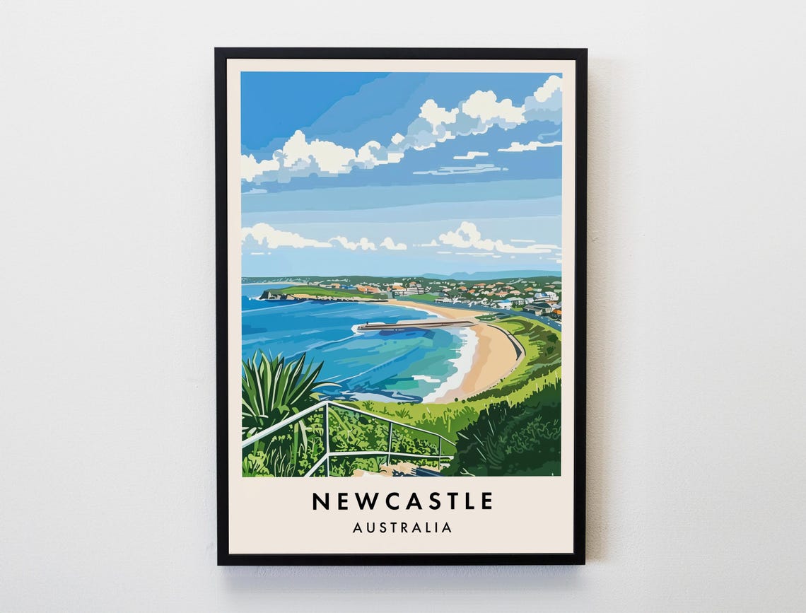Newcastle Australia Coastal Overlook Travel Poster Beach Cliffs Scenic