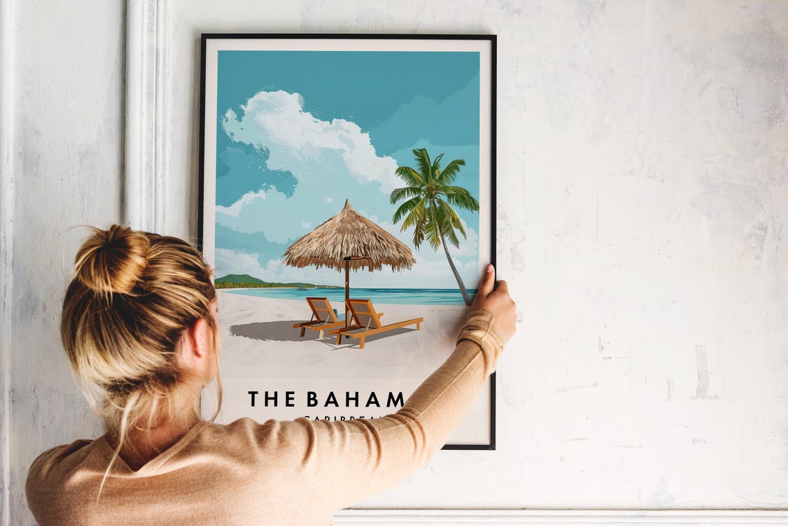 The Bahamas Beach Palapa and Palm Tropical Getaway Travel Poster - Image 2