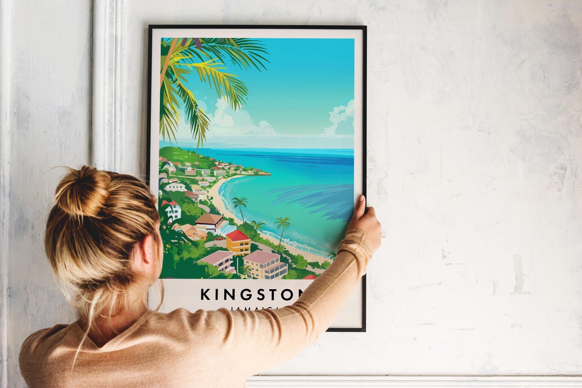 Kingston Jamaica Turquoise Bay and Palm Hills Vintage Travel Poster - Image 2