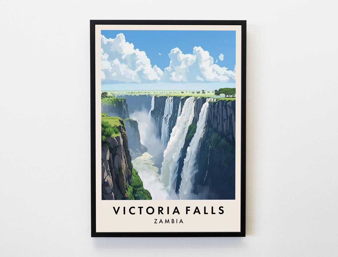 Victoria Falls Zambia Waterfall Gorge Misty Canyon View Travel Poster