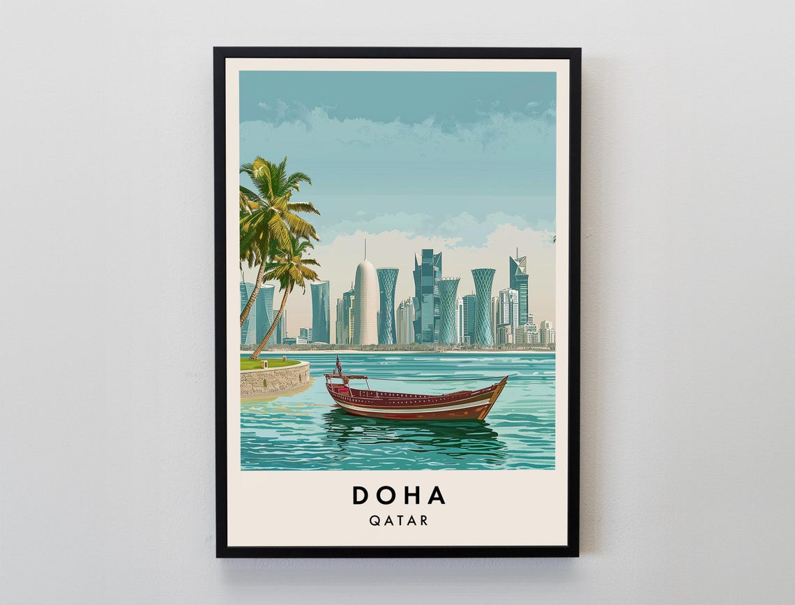 Doha Qatar Skyline Dhow Boat Palm Trees Vintage Travel Poster