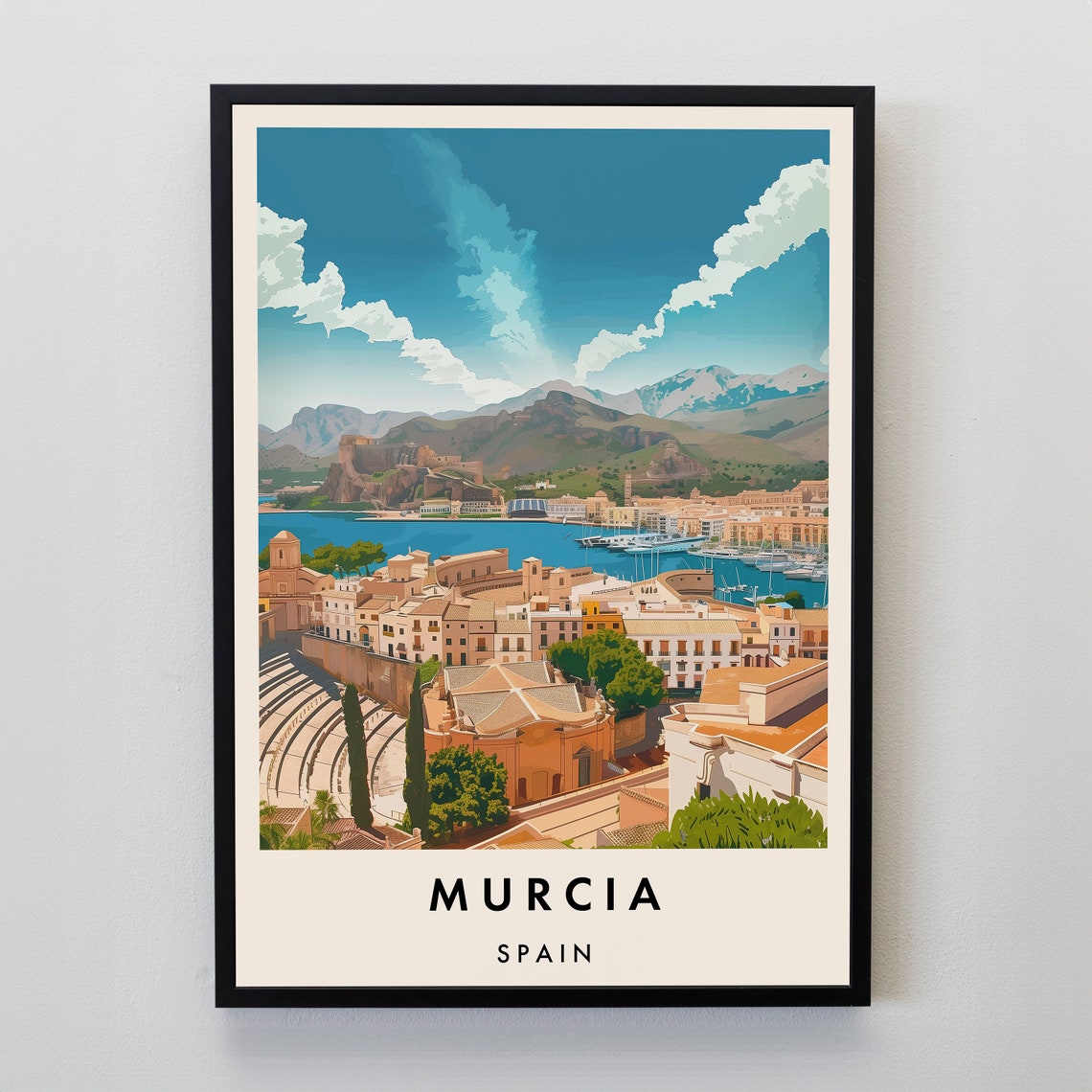 Murcia Spain Sunny Harbor Old Town Roman Theatre Travel Poster