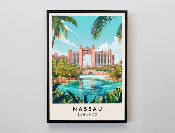Nassau Bahamas Pink Resort Lagoon Bridge Tropical Travel Poster