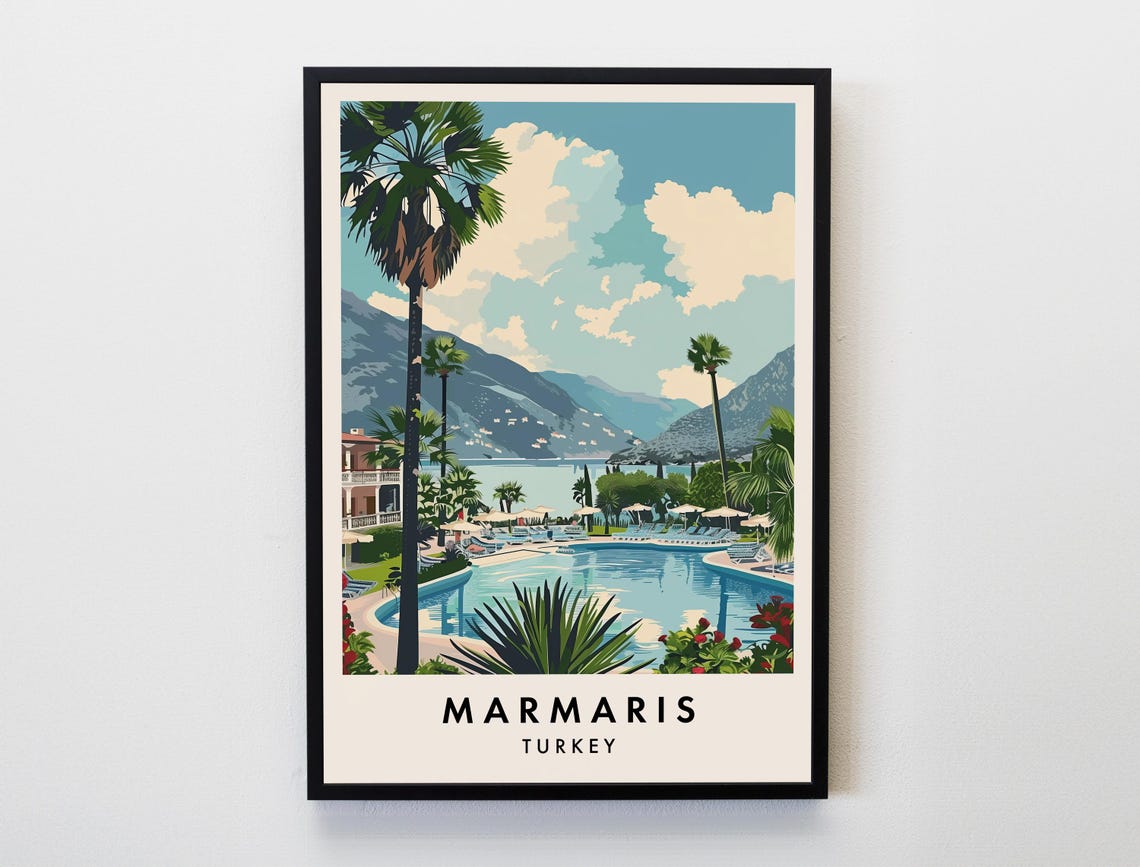 Marmaris Turkey Resort Pool Palms Mountains Vintage Travel Poster