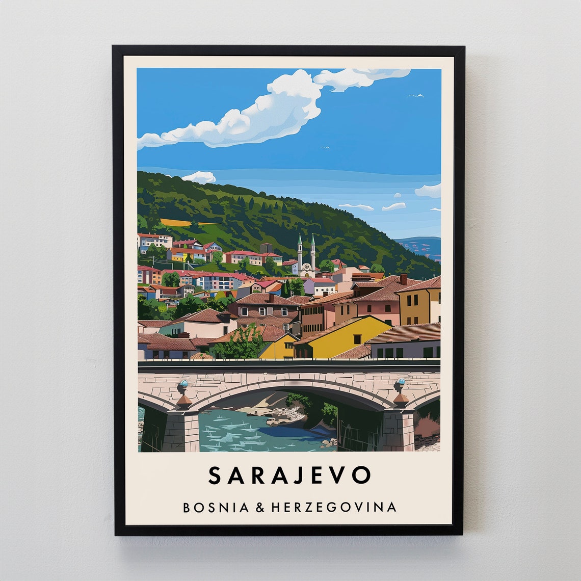 Sarajevo Old Stone Bridge River Hillside Town Bosnia Travel Poster