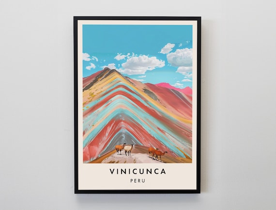 Vinicunca Rainbow Mountain Peru Llamas Highland Travel Poster