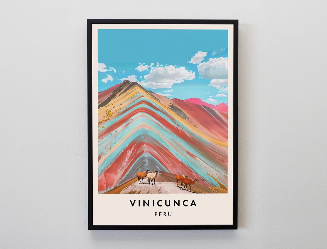 Vinicunca Rainbow Mountain Peru Llamas Highland Travel Poster