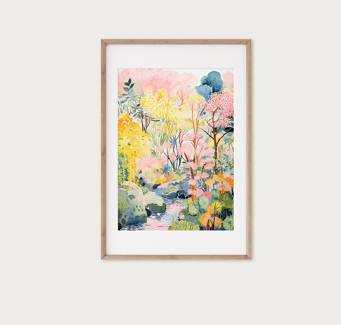 Colorful Forest Stream Pink Yellow Trees Watercolor Nature Poster