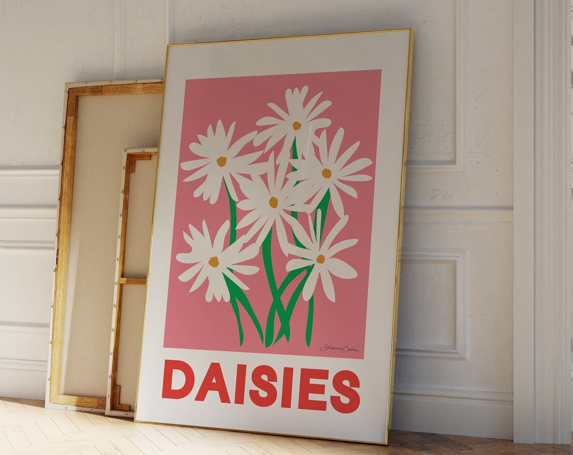 White Daisies Bold Pink Flower Market Retro Typography Art Print