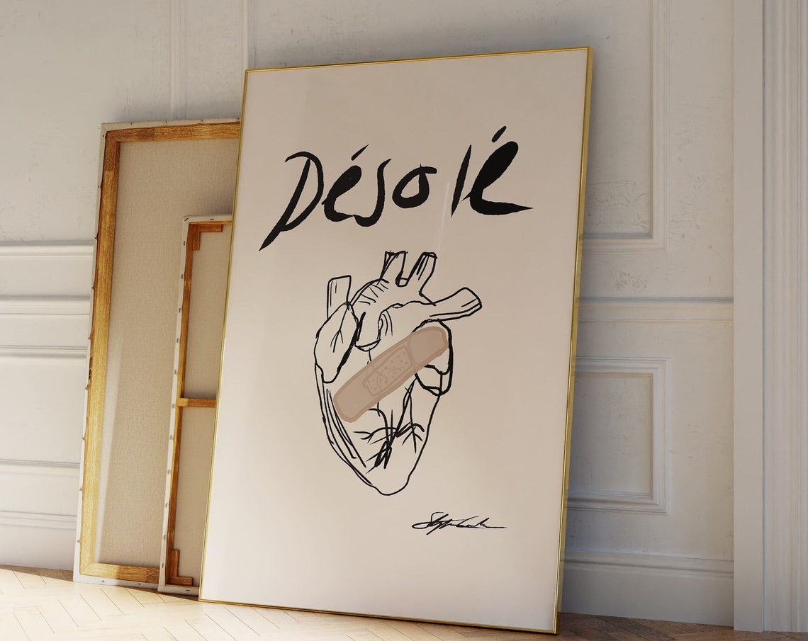 Desole French Quote Poster Hand Drawn Heart Doodle Sketch Artwork