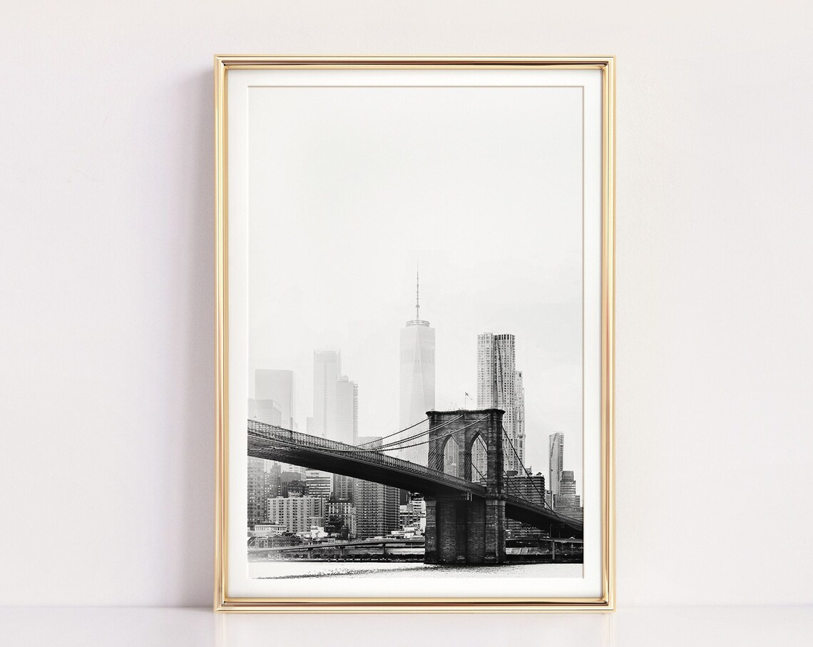 New York City Black and White Travel Poster, Brooklyn Bridge