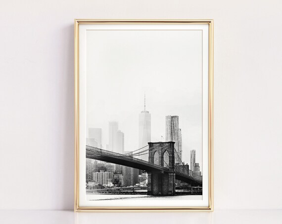 New York City Black and White Travel Poster, Brooklyn Bridge