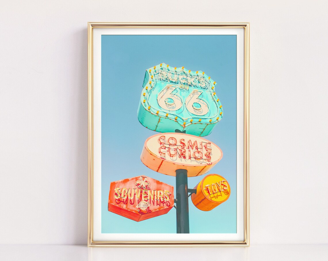 Route 66 Sign, Vintage Mid-Century Modern Art Print