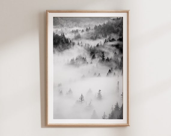 Foggy Forest Nordic Landscape, Black And White Art Print